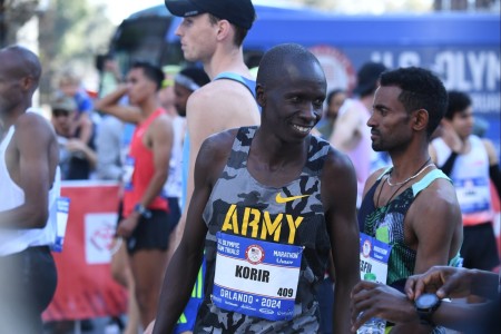 Staff Sgt. Leonard Korir, a Soldier-Athlete with the U.S. Army World Class Athlete Program, smiles before the start of the U.S. Olympic Marathon Trials on Feb. 3 in Orlando, Florida. Korir won the bronze medal with a time of 2 hours, 9 minutes, 57 seconds, but will have to wait and find out if he made the U.S. Olympic team.