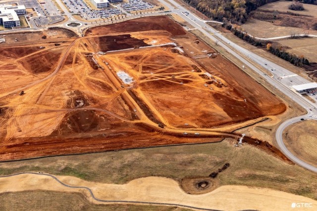 An aerial view shows the site preparation that will encompass the second phase of development at the secured portion of Redstone Gateway near Gate 9 on Redstone Arsenal.