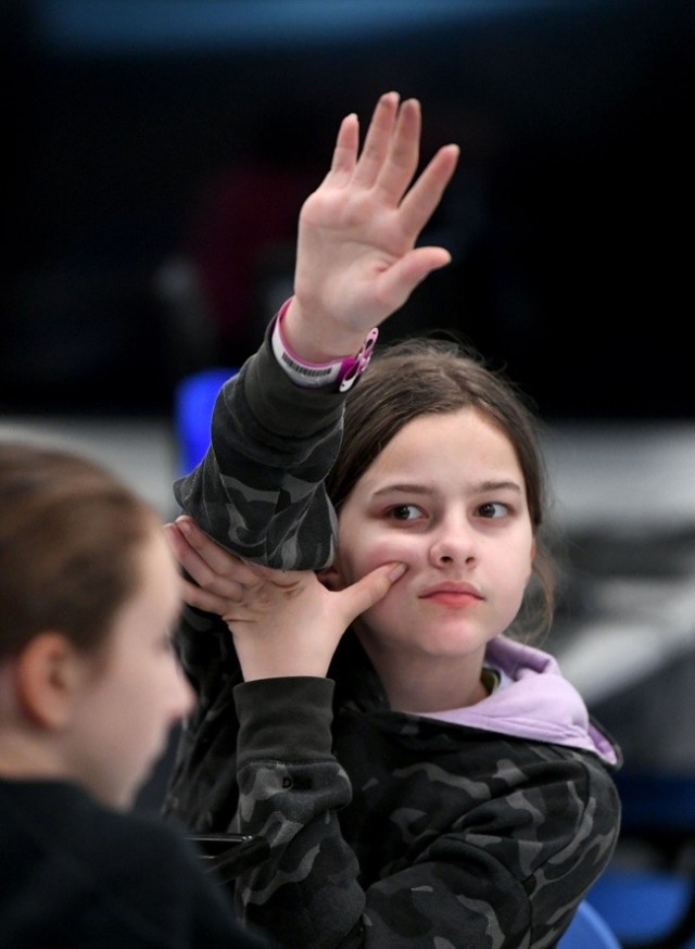 Annah Kerr, 12, of Attalla, waits to ask a question during U.S. Cyber Academy at the U.S. Space & Rocket Center.