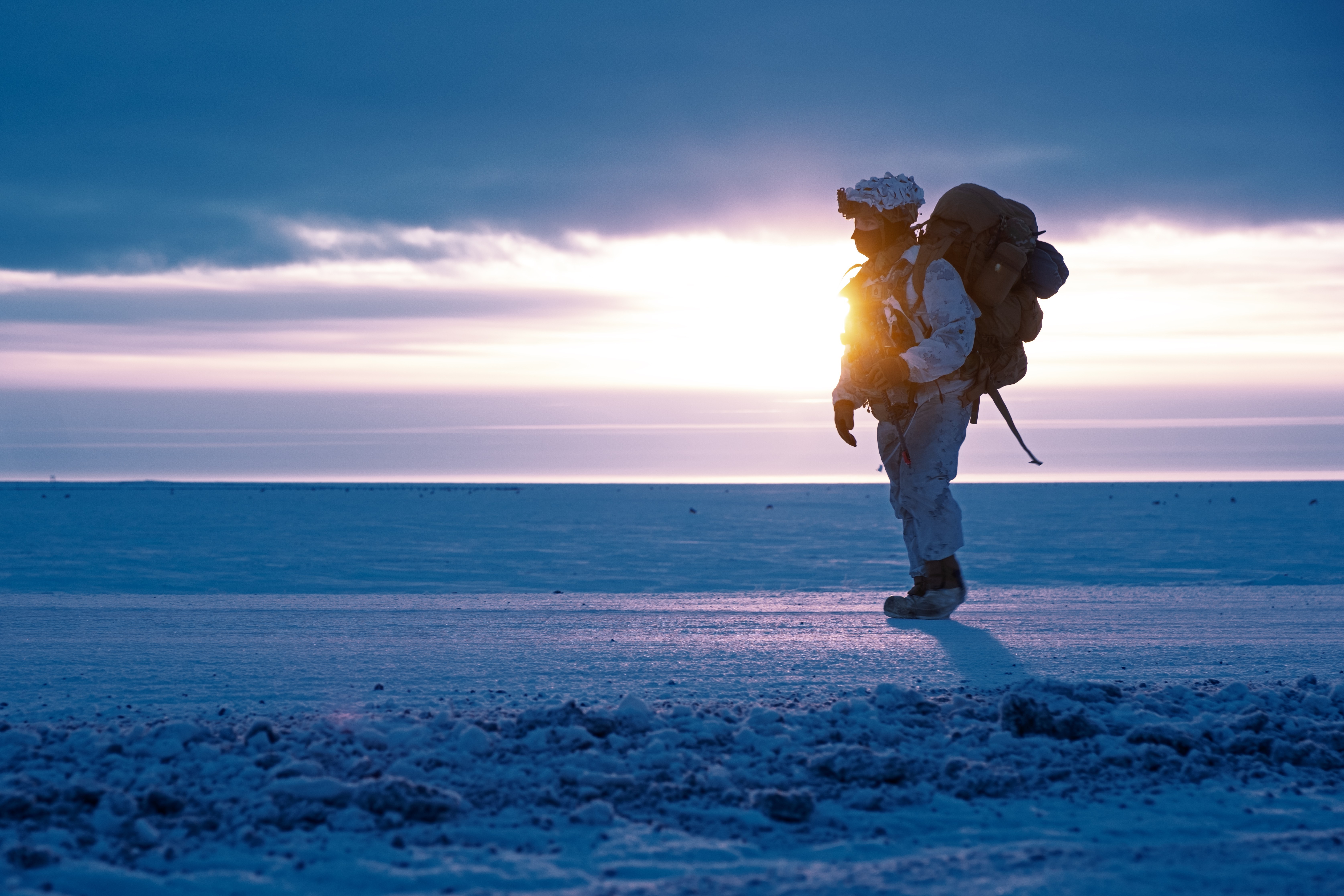 U.S. Soldiers assigned to 1st Infantry Brigade Combat Team, 11th Airborne Division, move to their objective outside of Utqiagvik, Alaska as part of Joint Pacific Multinational Readiness Training Center 24-02, Feb. 15, 2024. JPMRC 24-02, executed...