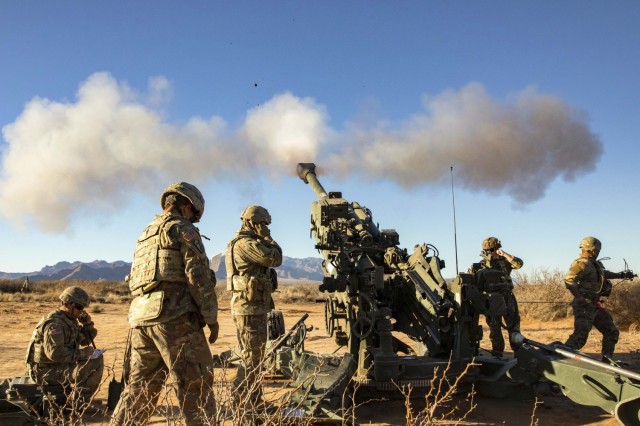 U.S. Army Soldiers of Charlie Battery, 3rd Battalion, 112th Field Artillery Regiment, 44th Infantry Brigade Combat Team, New Jersey Army National Guard, conduct a live-fire exercise utilizing the M777 howitzer, Feb. 16, at Fort Bliss, Texas. The 44th IBCT is conducting training exercises at multiple sites on Fort Bliss.