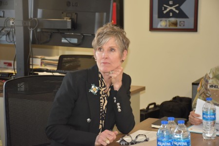 Patty George, wife of Gen. Randy A. George, chief of staff of the Army, listens intently during a briefing about in-processing new arrivals Feb. 20, 2024, at the Installation Reception Center on Fort Cavazos.