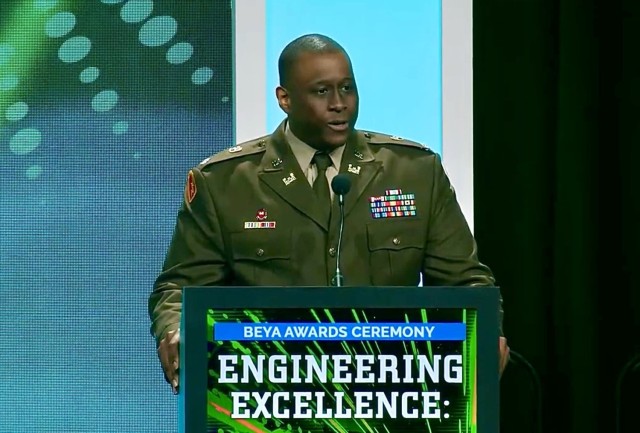 Lt. Col. Michael Pope speaks after receiving an award for professional achievement at the 38th annual Becoming Everything You Are (BEYA) conference, Baltimore, Feb. 17, 2024.