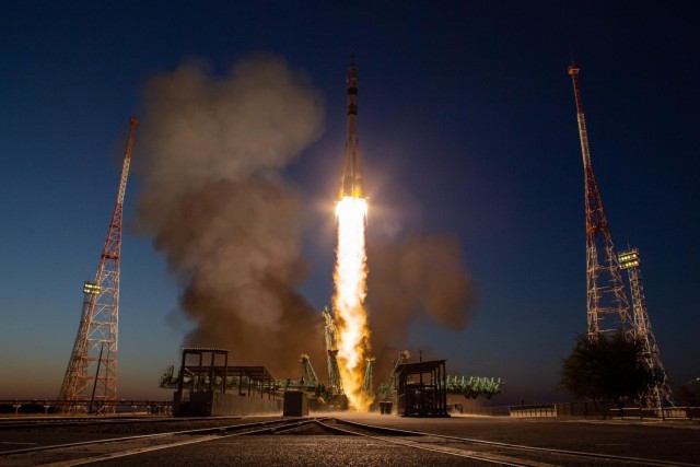 he Soyuz MS-22 rocket is launched to the International Space Station with Expedition 68 astronaut Frank Rubio of NASA, and cosmonauts Sergey Prokopyev and Dmitri Petelin of Roscosmos onboard, Wednesday, Sept. 21, 2022, from the Baikonur Cosmodrome in Kazakhstan. Rubio, Prokopyev, and Petelin will spend approximately six months on the orbital complex, returning to Earth in March 2023.