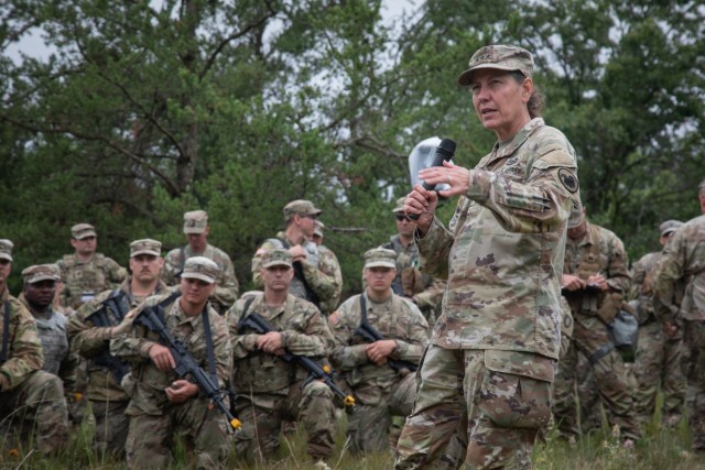 Lt. Gen. Jody Daniels visits with Soldiers from the 412th Theater Engineer Command participating in the Combat Support Training Exercise, Fort McCoy Wis., Aug. 14, 2023. The CSTX is focused Protection Warfighting Functions with emphasis on Detention Operations, Survivability and Assured Mobility, Force Health Protection, and Signal during a multi-domain Large-Scale Combat Operation.