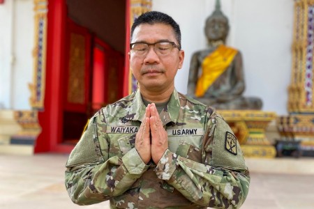 RAYONG PROVINCE, Thailand (Feb. 29, 2024) - U.S. Army Chaplain (Capt.) Songkran Waiyaka, battalion chaplain for the 53rd Transportation Battalion of Joint Base Lewis-McChord in Washington, demonstrates the lotus pose at the Wat Noen Pha, Feb. 29, 2024. Before commissioning as an Army chaplain, Waiyaka served as an ordained Buddhist monk for more than 20 years. Waiyaka returned to his native Thailand to participate in Joint Exercise Cobra Gold 2024 (CG24).

CG24 is a Thailand and United States co-sponsored exercise conducted annually in the Kingdom of Thailand. CG24 will be held from Feb. 27 – Mar. 8, 2024, with seven full participants (Thailand, United States, Japan, Indonesia, Republic of Korea, Singapore, and Malaysia), three limited participants (Australia, India, and China), and ten Multinational Planning Augment Team (MPAT) participants. Cobra Gold is an important element of the United States and participating nations’ regional military-to-military engagement efforts to maintain readiness and increase the capability, capacity and interoperability of partner nations while simultaneously reinforcing U.S. commitment to a free and open Indo-Pacific.