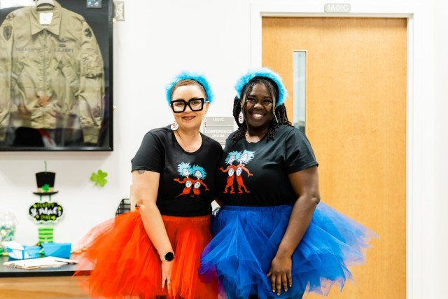 Ellis D. Parker Elementary School Principal, Kharmayne Kannada, and Assistant Principal, Jilleane Beard-Archie, dress up thematically for Seussville on March 1.