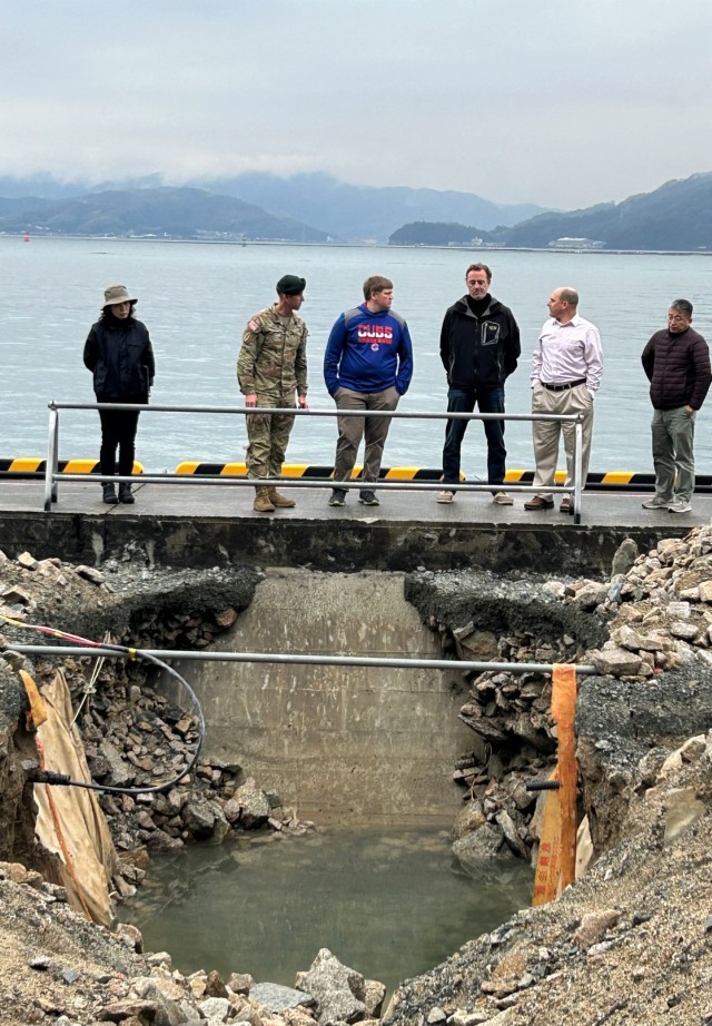 Members of the U.S. Army Corps of Engineers Japan District brief Col. Marcus Hunter, second from left, U.S. Army Garrison Japan commander, on the status of various ongoing construction projects during Hunter’s February trip to the Kure...