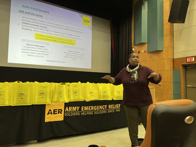 Barbara Brown, the U.S. Army Garrison Yongsan-Casey Army Emergency Relief (AER) officer, gives an orientation briefing to unit representatives at Casey Theater, Feb. 21, 2024. AER has provided over $2 billion of assistance to 4 million Soldiers...