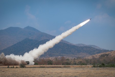 High Mobility Artillery Rocket Systems (HIMARS) with the 1-94th Field Artillery, 17th Field Artillery Brigade, fire missiles at simulated targets during exercise Cobra Gold 2024 on a range near Lop Buri, Thailand, March 4, 2024. HIMARS are a truck-mounted rocket artillery system, capable of launching multiple rockets from a single truck. Joint exercise Cobra Gold, now in its 43rd iteration, is the largest joint exercise in mainland Asia and a concrete example of the strong alliance and strategic relationship between Thailand and the United States.