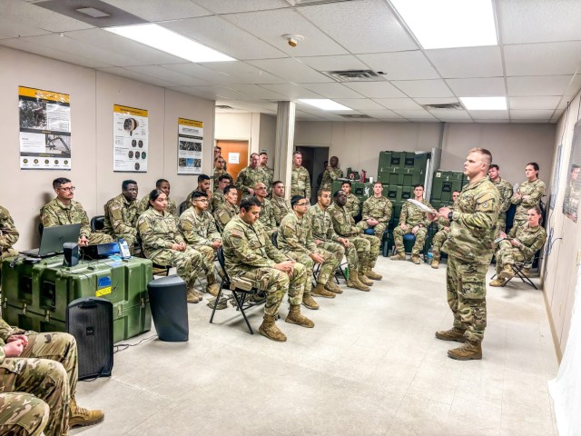 Capt. David A. Sanders, counter-unmanned aerial system attacks operations planner with U.S. Army Central, leads a class on Base Defense Operation Center capabilities during Green Sands Continental United States Feb. 19. UAS attacks are an emerging...