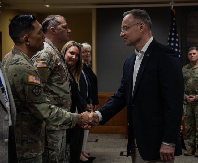 Polish President Andzrej Duda shakes hands with 3rd Infantry Division (3ID) leadership during his visit to Fort Stewart, Georgia, March 13, 2024. Duda’s visit comes as multiple 3ID units are currently deployed in the Baltic region as part of the strong unremitting U.S. commitment to NATO. (U.S. Army photo by Pfc. Rebeca Soria)