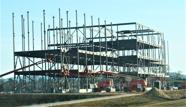The construction area for a new $28.08 million barracks building is shown Feb. 27, 2024, at Fort McCoy, Wis., as framing of the building takes place. The contractor for the project, Blinderman Power (Construction), received the notice to proceed with construction on Sept. 26, 2023, and has 780 calendar days to complete the project. 