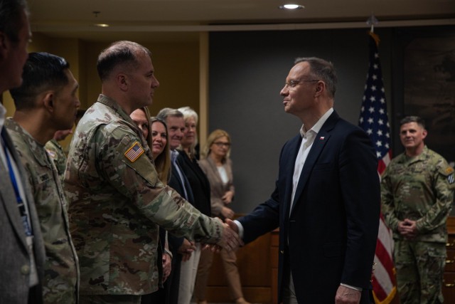 Polish President Andzrej Duda shakes hands with 3rd Infantry Division leadership during his visit to Fort Stewart, Georgia, March 13, 2024. Poland and the United States enjoy a deep and longstanding friendship and historical commitment to shared transatlantic values. The political, economic, security and cultural ties between our two countries are broad, deep, and growing stronger. (U.S. Army photo by Pfc. Rebeca Soria)