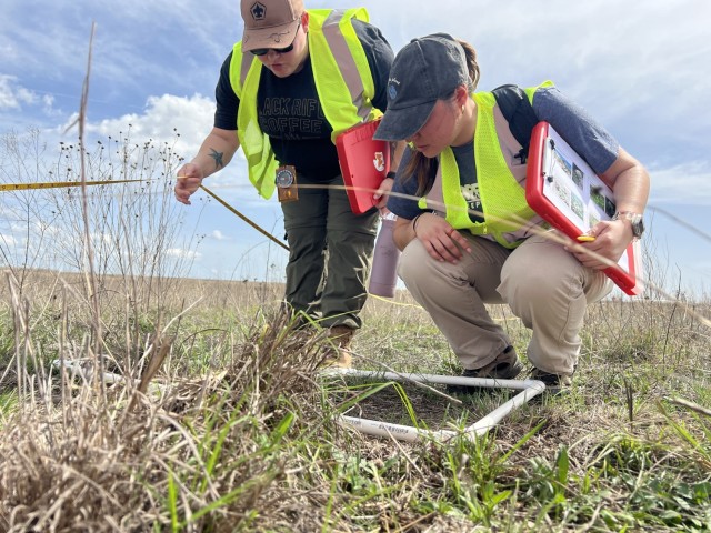 Britt Hutchinson and Jansy Alvarado, field specialists for Environment for the Americas, use a vegetation sampling frame to measure the diversity and frequency of nectar plants and milkweed March 8 within a training area at Fort Cavazos. (U.S....
