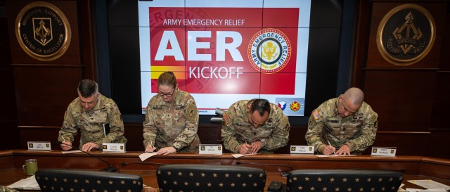 Fort Leonard Wood senior leaders officially kick off the Army Emergency Relief donation campaign by signing their donation forms March 4 in the Maneuver Support Center of Excellence headquarters building. As the Army’s official nonprofit, AER...