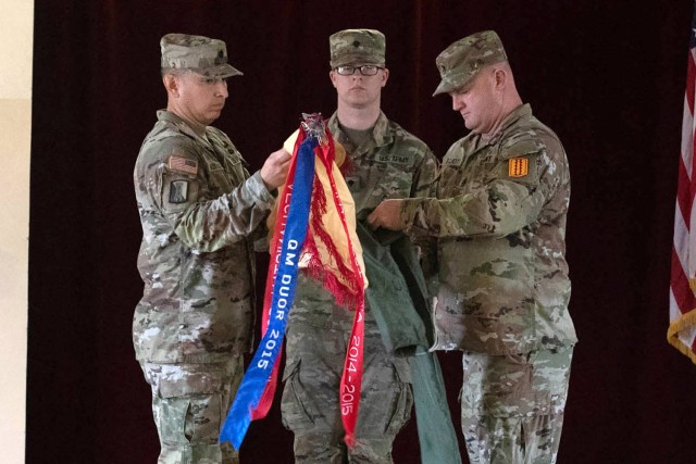 U.S. Army Reserve Lt. Col. Carlos Maldonado, the commander of the 529th Combat Sustainment Support Battalion, and Command Sgt. Maj. David Elliot, the battalion&#39;s senior enlisted advisor, uncase their unit colors during a transfer of authority...