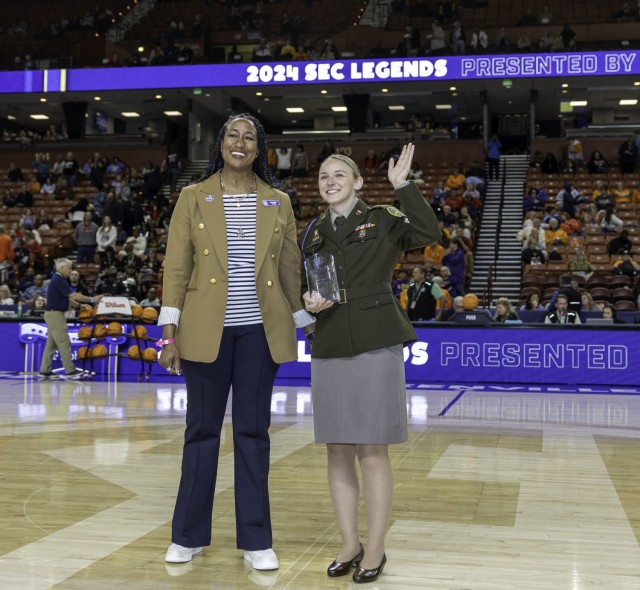 Sgt. Allison Weisz, an instructor/shooter assigned to the U.S. Army Marksmanship Unit, and a Ole Miss alumni is inducted to the Southeastern Conference Legends class of 2024. Tiffany Daniels, the associate commissioner of the SEC, walked on stage...