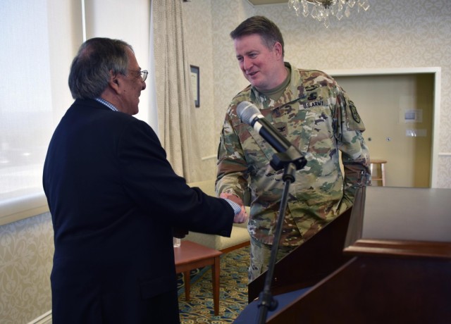 DLIFLC Commandant Col. James Kievit shakes hands with former Secretary of Defense, Leon Panetta, during a visit to the Institute.
