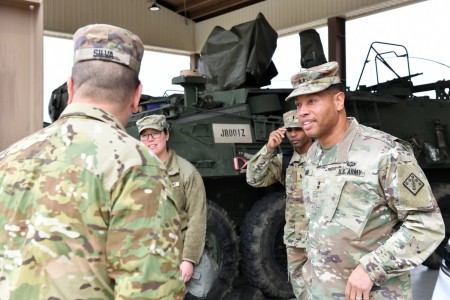 Maj. Gen. Daryl O. Hood (right), the commanding general of the U.S. Army 20th Chemical, Biological, Radiological, Nuclear, Explosives (CBRNE) Command, speaks with Soldiers from the 23rd Chemical, Biological, Radiological, Nuclear (CBRN) Battalion on Camp Humphreys, South Korea, March 11. American Soldiers and Army civilians from the 20th CBRNE Command trained with Eighth Army and Combined Forces Command units during the exercise, with some of their personnel in South Korea while others supported remotely from Aberdeen Proving Ground, Maryland. 