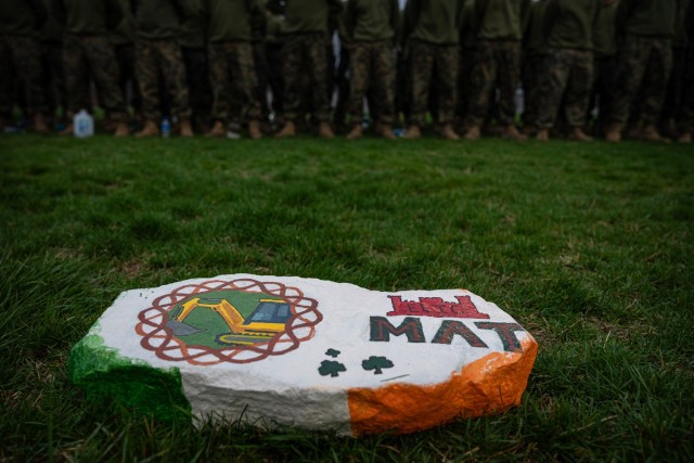 Marines Awaiting Training present their Blarney Stone for judging during a celebration of St. Patrick, the patron saint of engineers, held March 15 on Gerlach Field, hosted by the Fort Leonard Wood Marine Corps Detachment&#39;s Engineer Equipment...