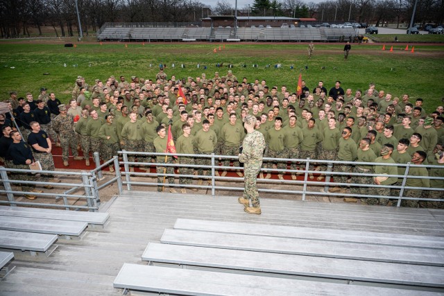 Marine Col. Scottie Redden, the Marine Corps Detachment commander, speaks to Soldiers and Marines during a celebration of St. Patrick, the patron saint of engineers, hosted by the Fort Leonard Wood Marine Corps Detachment&#39;s Engineer Equipment...