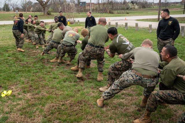 Marines participate in the tug-of-war event during a celebration of St. Patrick, the patron saint of engineers, hosted by the Fort Leonard Wood Marine Corps Detachment&#39;s Engineer Equipment Instruction Company, March 15 on Gerlach Field.