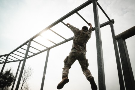 A U.S. Army paratrooper assigned to 2nd Battalion, 503rd Infantry Regiment, 173rd Airborne Brigade overcomes an obstacle during the SETAF-AF Best Squad Competition at Caserma Del Din, Vicenza, Italy, March 13, 2024. Throughout the eight-day event, squads of five Soldiers compete to test their physical and mental resilience, physical fitness, tactical expertise and technical proficiency.