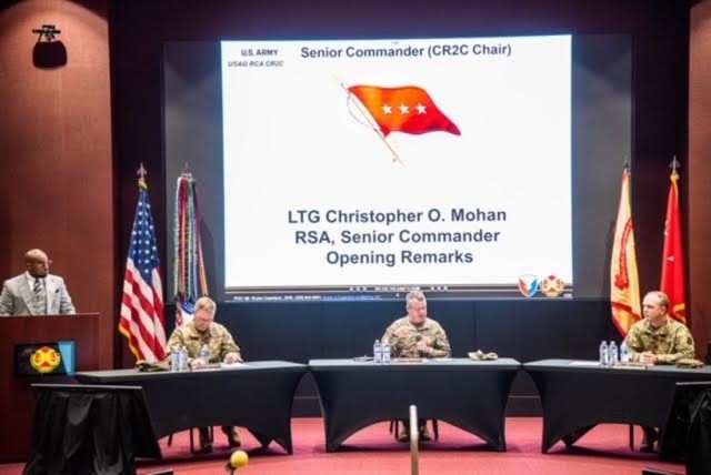 From left, Bryan Copeland, the community readiness and resilience integrator at Redstone, Garrison Commander Col. Brian Cozine, Redstone Senior Commander Lt. Gen. Chris Mohan and Lt. Col. Jon Strobel, deputy commander for clinical services at Fox...