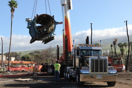 U.S. Army Corps of Engineers contractors remove a submarine during vessel debris removal operations near the harbor in Lahaina, Hawai‘i, Feb. 18, 2024. The submarine was one of the fleet of commercial tourist submarines for citizens and tourists to view marine life around Maui. To ensure debris removal operations are conducted safely, there is significant coordination and safety planning between USACE and the contractor performing the work. USACE is overseeing the debris removal mission under a FEMA Federal Emergency Management Agency mission assignment, which is part of a coordinated effort with the Hawaii Emergency Management Agency, the County of Maui and the U.S. Environmental Protection Agency to clean up areas of the island affected by the Aug. 8, 2023, wildfires. 