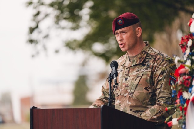 Lt. Col. Dan Mitchell gives remarks during a commemoration ceremony marking the 30th anniversary of the &#34;Green Ramp Disaster&#34; at the 82nd Airborne Division Museum on Fort Liberty, NC on Mar. 22, 2024. On Mar. 23, 1994, an F-16D Fighting Falcon collided mid-air with a C-130E Hercules aircraft. The collision sent the fighter aircraft crashing to the ground and into a C-141 Starlifter parked on Pope’s north-south parking ramp, also known as “Green Ramp.” 24 Paratroopers lost their lives and over 100 sustained critical injuries as a result of the fiery debris projected onto the nearby airborne training area.