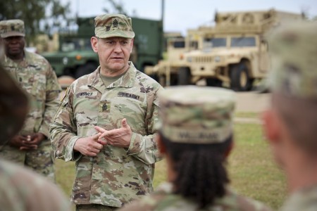 Sgt. Maj. of the Army Michael R. Weimer visits with Soldiers of Task Force Talon, Guam, Feb. 7, 2023. Talon is comprised of both Active Duty and Guard Soldiers from the 38th Air Defense Artillery and Guam National Guard, respectively, and operates the Terminal High Altitude Area Defense (THAAD) system on Guam. 