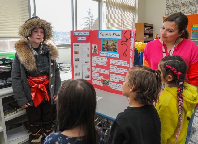 Samuel Saxton, a fourth grader at Arnn Elementary School, portrays Genghis Khan during a living wax museum event inside the school at Sagamihara Family Housing Area, Japan, March 21, 2024. Saxton was one of several fourth graders to dress up as...