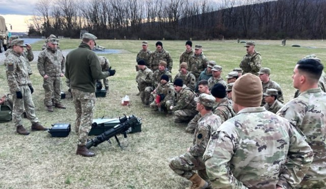 Soldiers from the Lithuanian Armed Forces conduct training with Pennsylvania National Guard Soldiers from the 1-110th Infantry Regiment, 2nd Infantry Brigade Combat Team, on the M3 Multi-Role Anti-Armor/Anti-Personnel Weapon System March 15, 2024, at Fort Indiantown Gap, Pa. (Pennsylvania National Guard photo by Capt. Daniel Kysela)