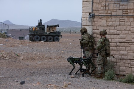 U.S. Soldiers assigned to the 1st Battalion, 29th Infantry Regiment, based out of Fort Moore, Ga., take part in a human machine integration demonstration using the Ghost Robotic Dog, and the U.S. Army Small Multipurpose Equipme...