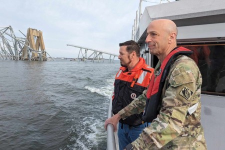 USACE Chief of Engineers Lt. Gen. Scott Spellmon views damage of the fallen Francis Scott Key Bridge that collapsed in Baltimore, March 26, 2024.  In accordance with USACE’s federal authorities, USACE will lead the effort to clear the channel as part of the larger interagency recovery effort to restore operations at the Port of Baltimore.