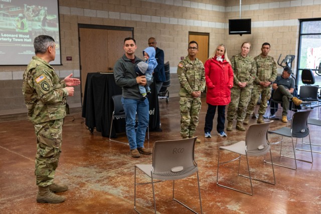 Col. Anthony Pollio, U.S. Army Garrison Fort Leonard Wood commander, welcomes and introduces some of the newly elected community mayors during the quarterly housing town hall March 26 at Stonegate Community Center. The mayors are, from left, Staff...