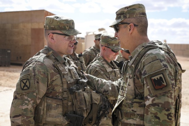 Army Gen. Daniel Hokanson, chief, National Guard Bureau, and SEA Tony Whitehead, senior enlisted advisor to the CNGB, visit National Guardsmen deployed within the U.S. Central Command area of responsibility March 15, 2024.