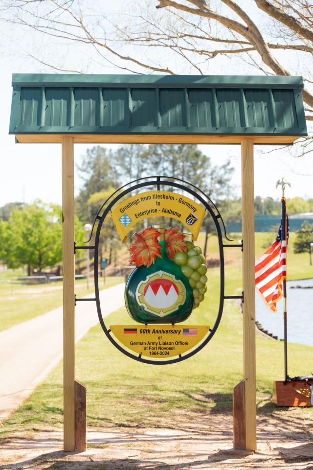 The U.S. German Friendship Crest, donated by the City of Illesheim, is displayed at Johnny Henderson Park in Enterprise, Ala. on March 28.