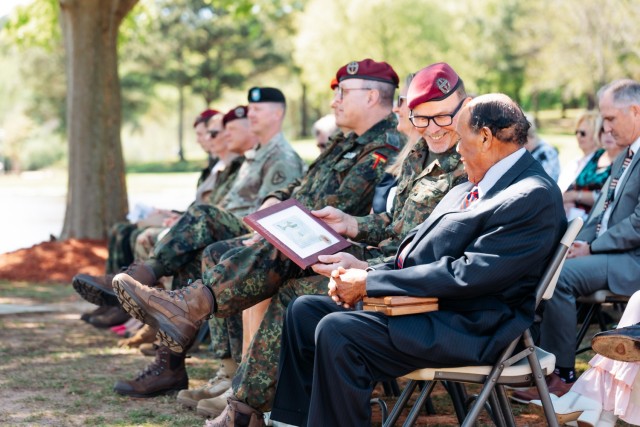 The City of Enterprise, Ala. Mayor William E. Cooper and the USSACE German Liaison Officer, Lt. Col. Michael Heger, talk at Johnny Henderson Park in Enterprise, Ala. during the ceremony on March 28. 