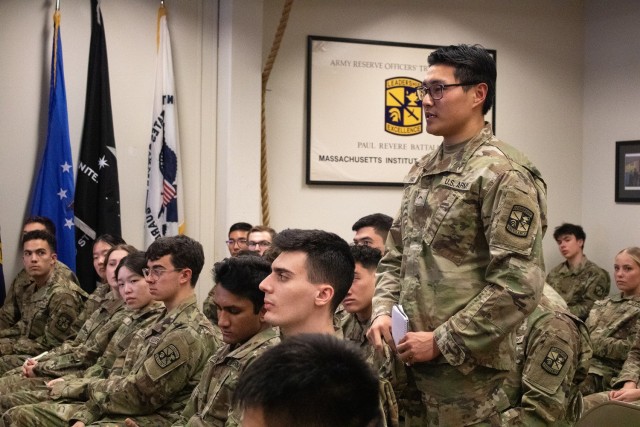 Reserve Officers' Training Corps (ROTC) Cadet Jason Kwak of the Paul Revere Battalion at the Massachusetts Institute of Technology (MIT) asks a question during a visit by Lt. Gen. Maria Barrett, commander of Army Cyber Command (ARCYBER), to the battalion, March 27, 2024. Barrett, a former member of the ROTC battalion, spoke with cadets, was inducted into the battalion hall of fame, and visited MIT and affiliated research facilities. (Photo by Cadet Giada James)