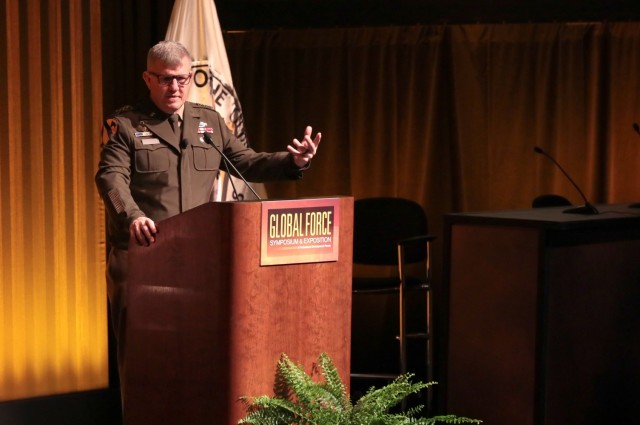 Gen. James Rainey, commanding general of U.S. Army Futures Command, delivers a keynote presentation during day two of the Association of the U.S. Army Global Force Symposium in Huntsville, Ala., March 27, 2024.