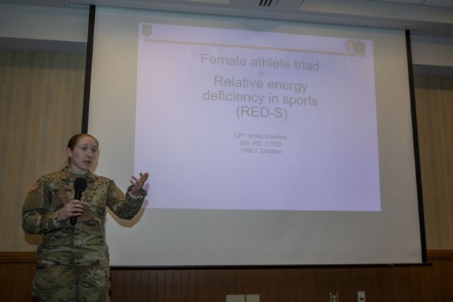 The 1st Infantry Division Holistic Health and Fitness team hosted a Women’s Health Seminar and Women’s History Month Celebration, focusing on performance optimization and injury prevention for the female Soldier, at Riley’s Community Center, March 26. This event provided an opportunity for leaders to enhance their knowledge of the unique physical demands and considerations of the female Soldier. 
