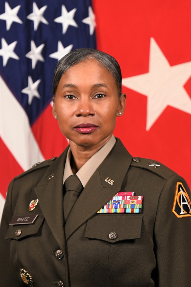 U.S Army Brig. Gen. Camilla White poses for her official portrait in the Army portrait studio at the Pentagon in Arlington, Va., Mar. 27, 2024.  (U.S. Army photo by Spc. Spenscer Williams)