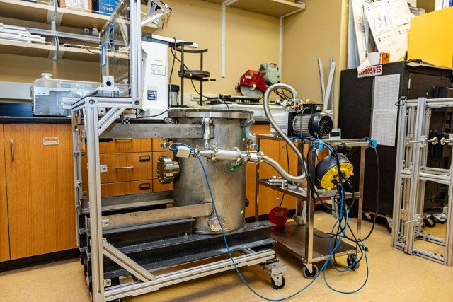 he vacuum chamber the PLASMA team used to test their laboratory probe. Photo by Jorge Garcia/USMA PAO.