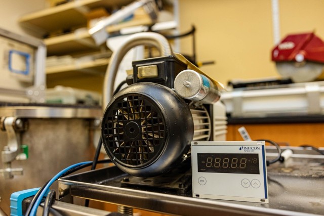 The vacuum chamber the PLASMA team used to test their laboratory probe. Photo by Jorge Garcia/USMA PAO.
