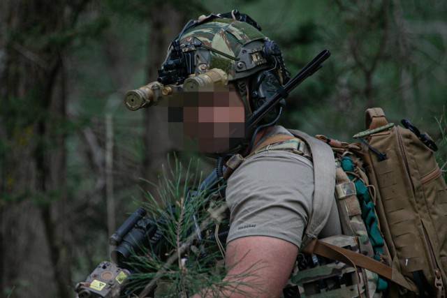 A Greek special operations forces soldier maneuvers under stealth to his assault position in preparation for an ambush operation with 10th Special Forces Group (Airborne) for Exercise Trojan Footprint 24, near Nea Peramos, Greece, March 13, 2024....