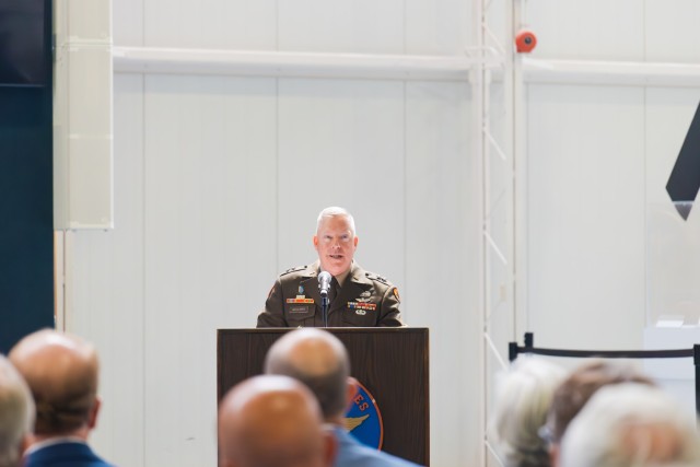 Maj. Gen. Michael C. McCurry, commanding general of the United States Army Aviation Center of Excellence and Fort Novosel, gives his remarks from the podium during the IGSA signing ceremony at the Army Aviation Museum on April 8 on Fort Novosel.