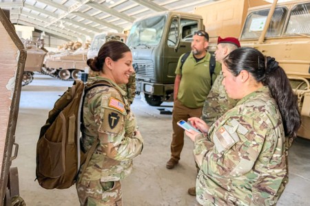 Sgt. 1st Class Blanca Lewis, the readiness non-commissioned officer for the Texas Army National Guard Medical Readiness Detachment, assesses the medical equipment for the aid station she and her troops will provide critical support for alongside Chilean Army partners during Southern Fenix 2024, April 3, 2024 at Iquique, Chile. Ensuring the conditions, safety and readiness to provide medical aid to participants throughout the exercise is a vital part of the mid level planning conference.