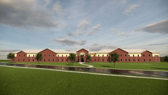 An artist rendition of the future Fort Novosel AIT barracks complex displayed during the groundbreaking ceremony on April 10, 2024. 